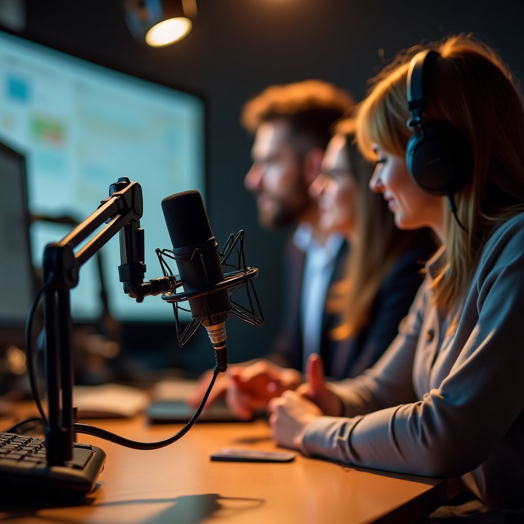 Grabación de podcast financiero en estudio